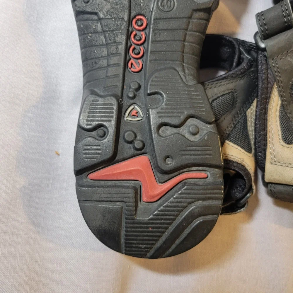 ECCO Offroad Yucatan Walking Sandals Tan Black Nubuck Leather EU 40 US 9-9.5 EUC